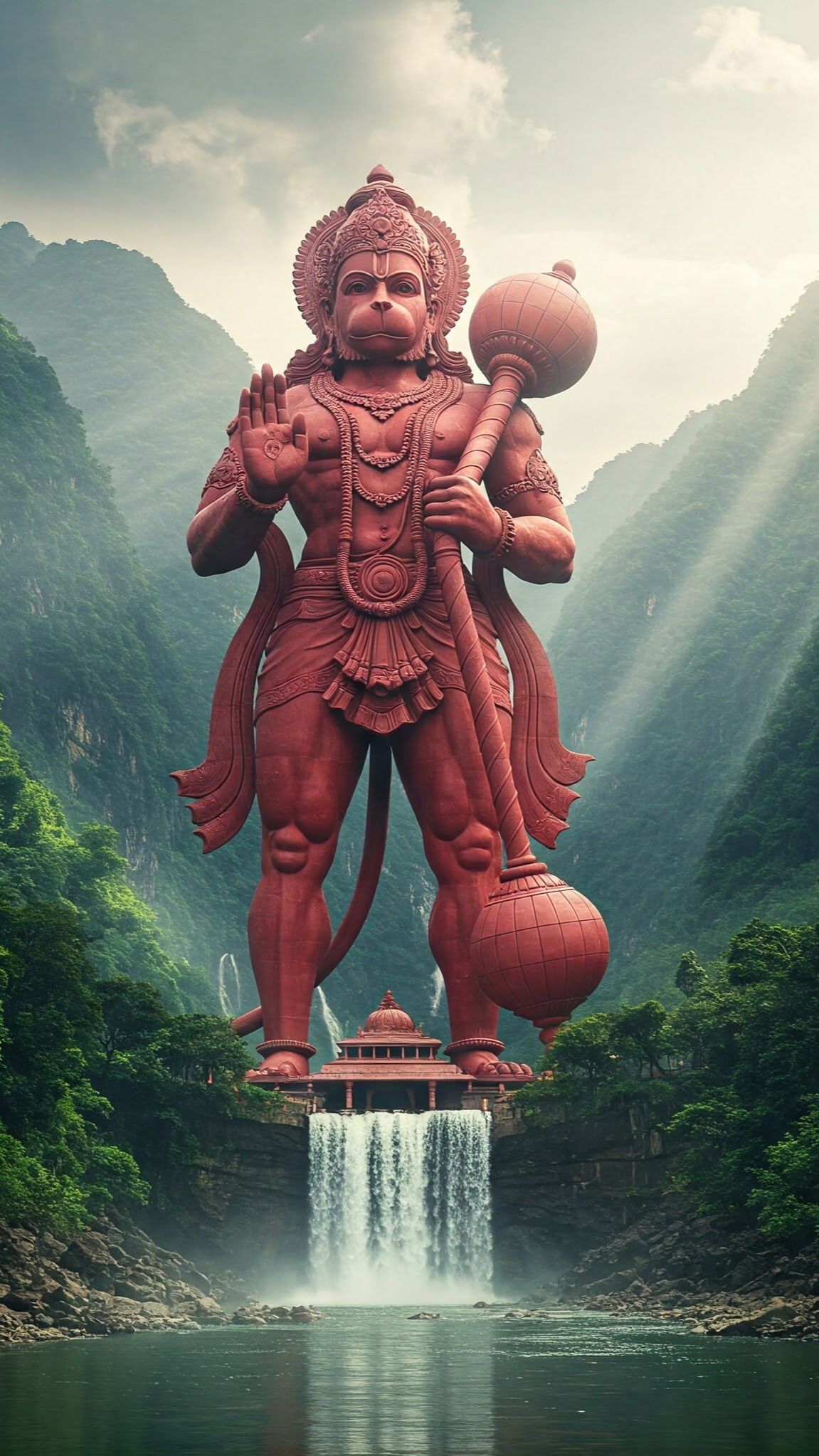 Hanuman stands amidst lush mountains.