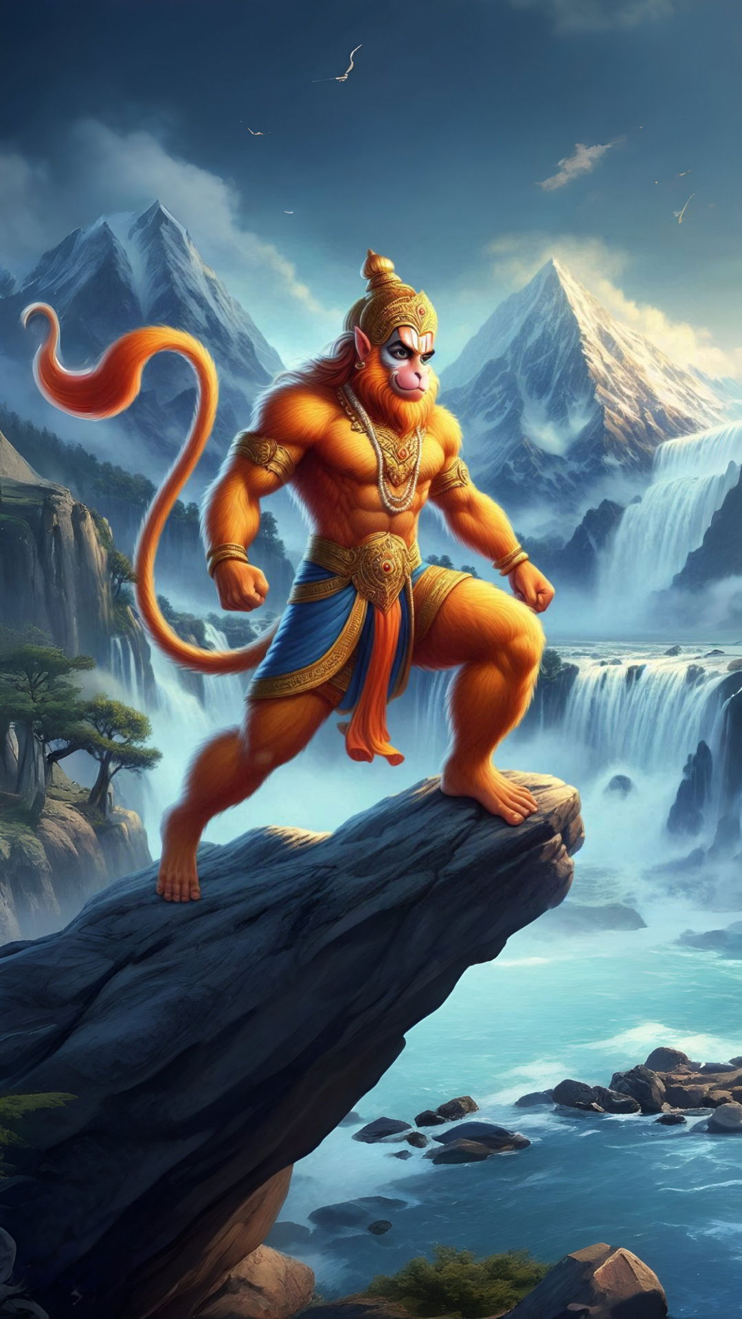 Hanuman poised on a mountain peak