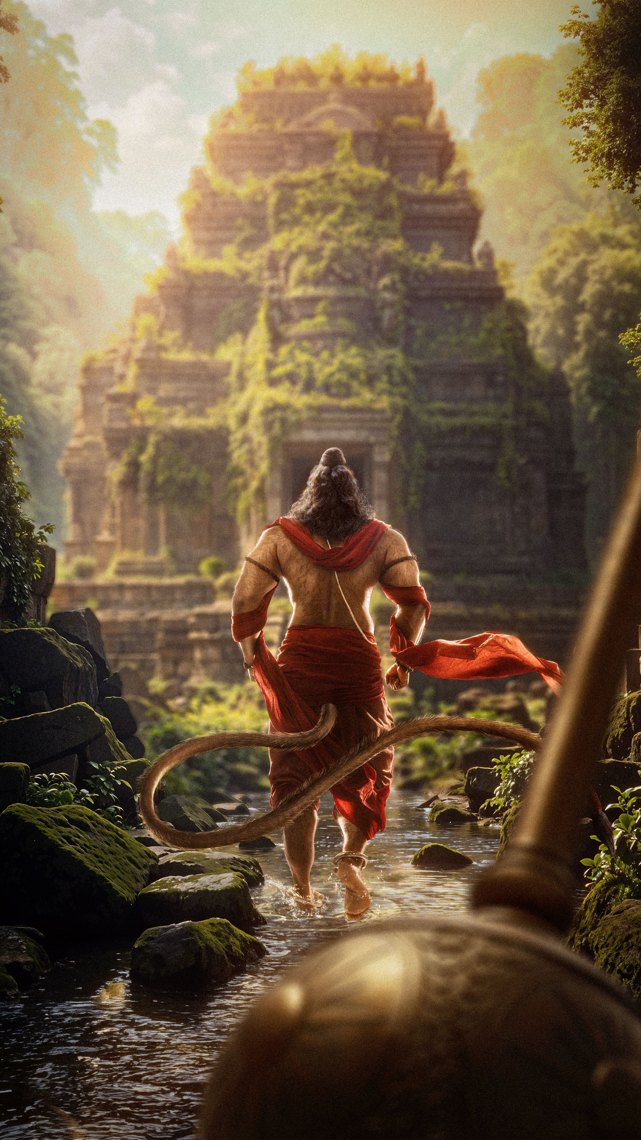 Hanuman ascending toward ancient temple