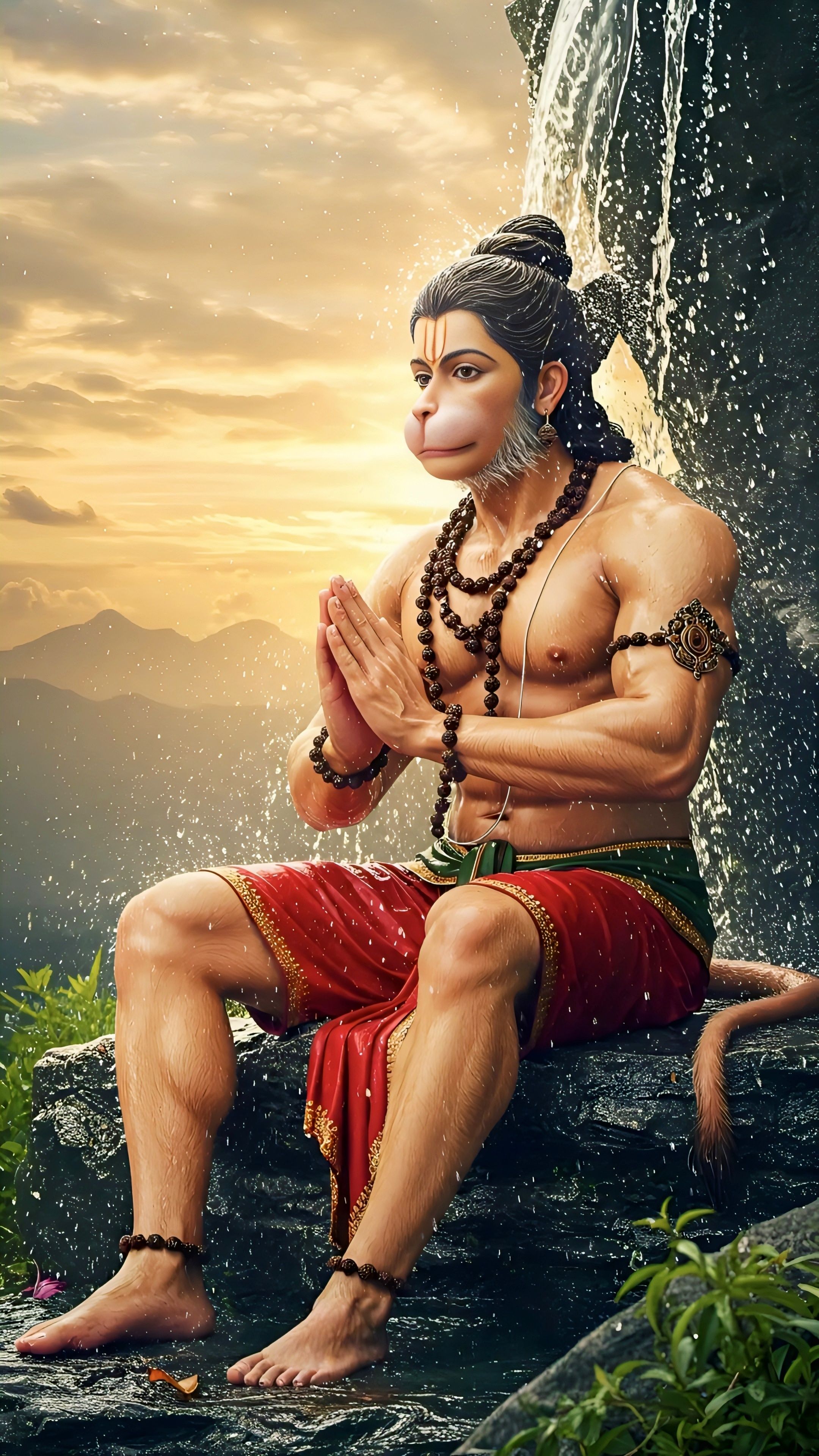 Hanuman in prayer by waterfall