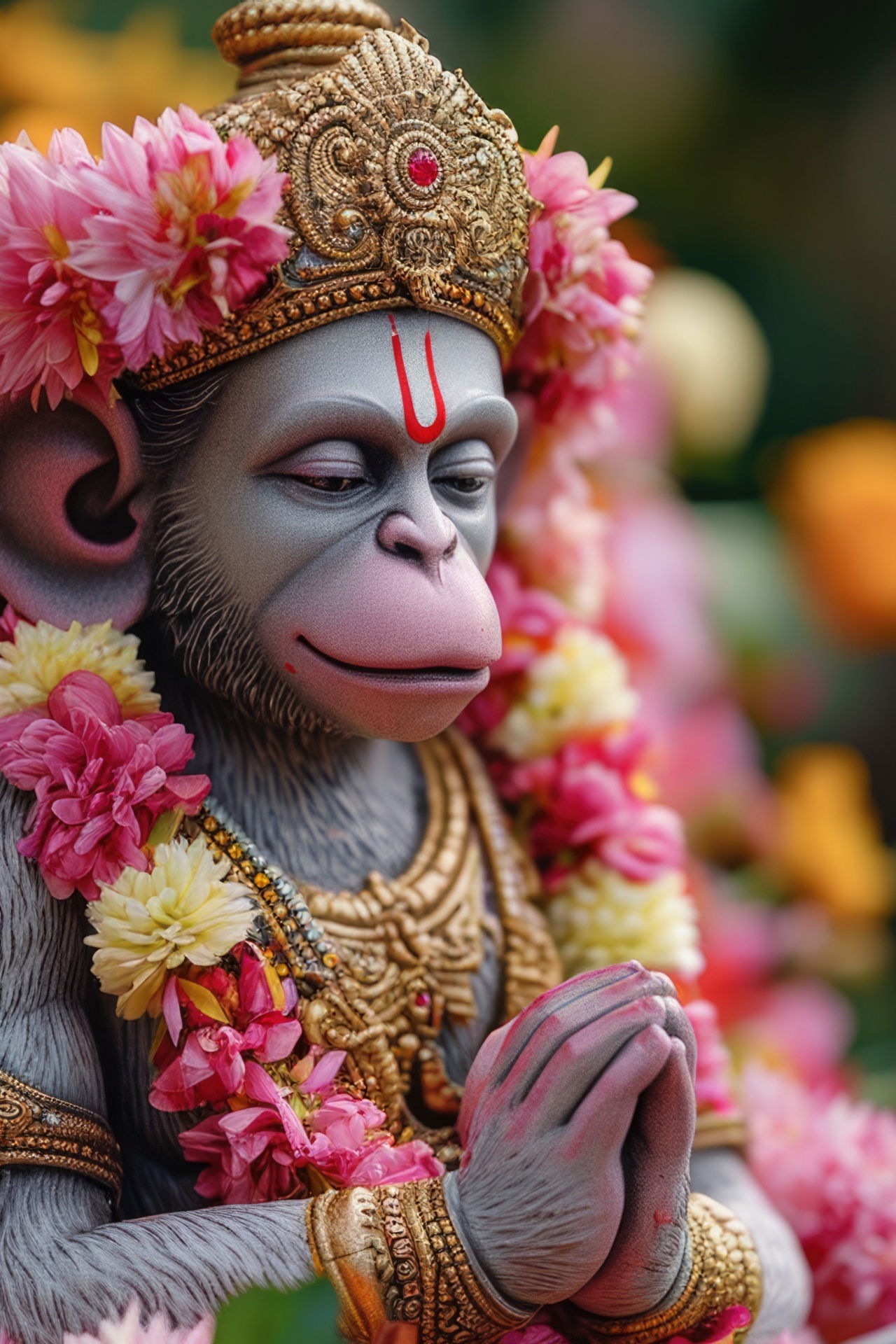 Hanuman in floral garland praying devotionally