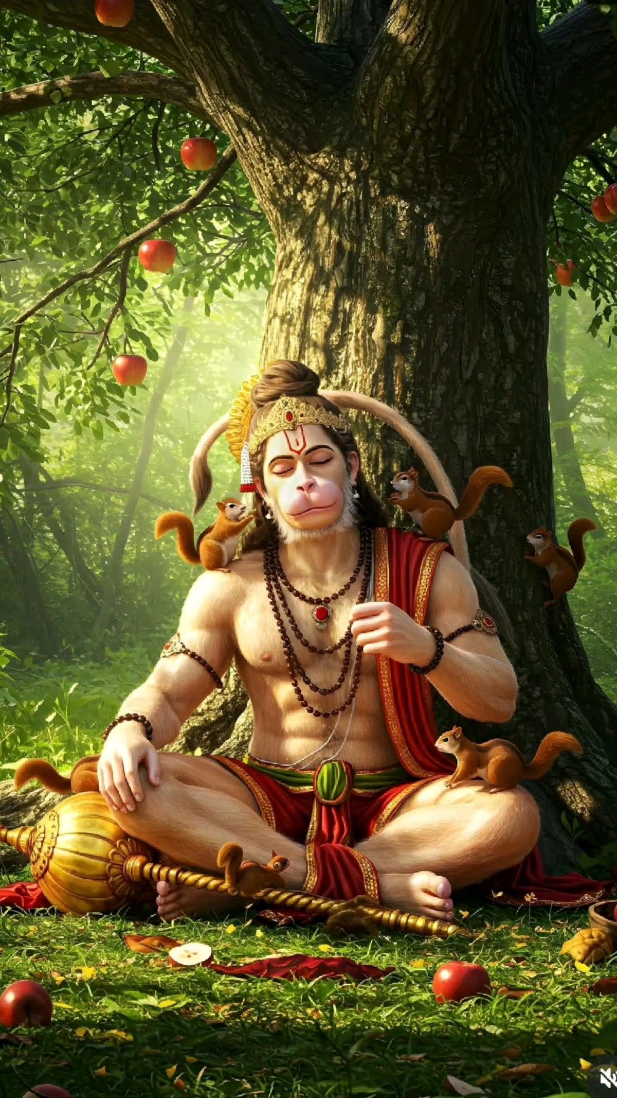 Hanuman meditating in a peaceful forest.