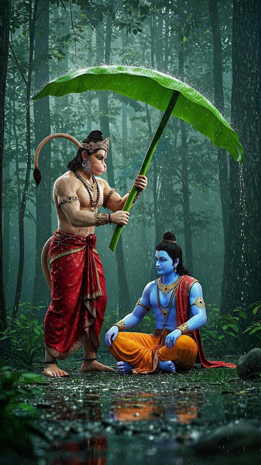 Hanuman sheltering Lord Ram in forest