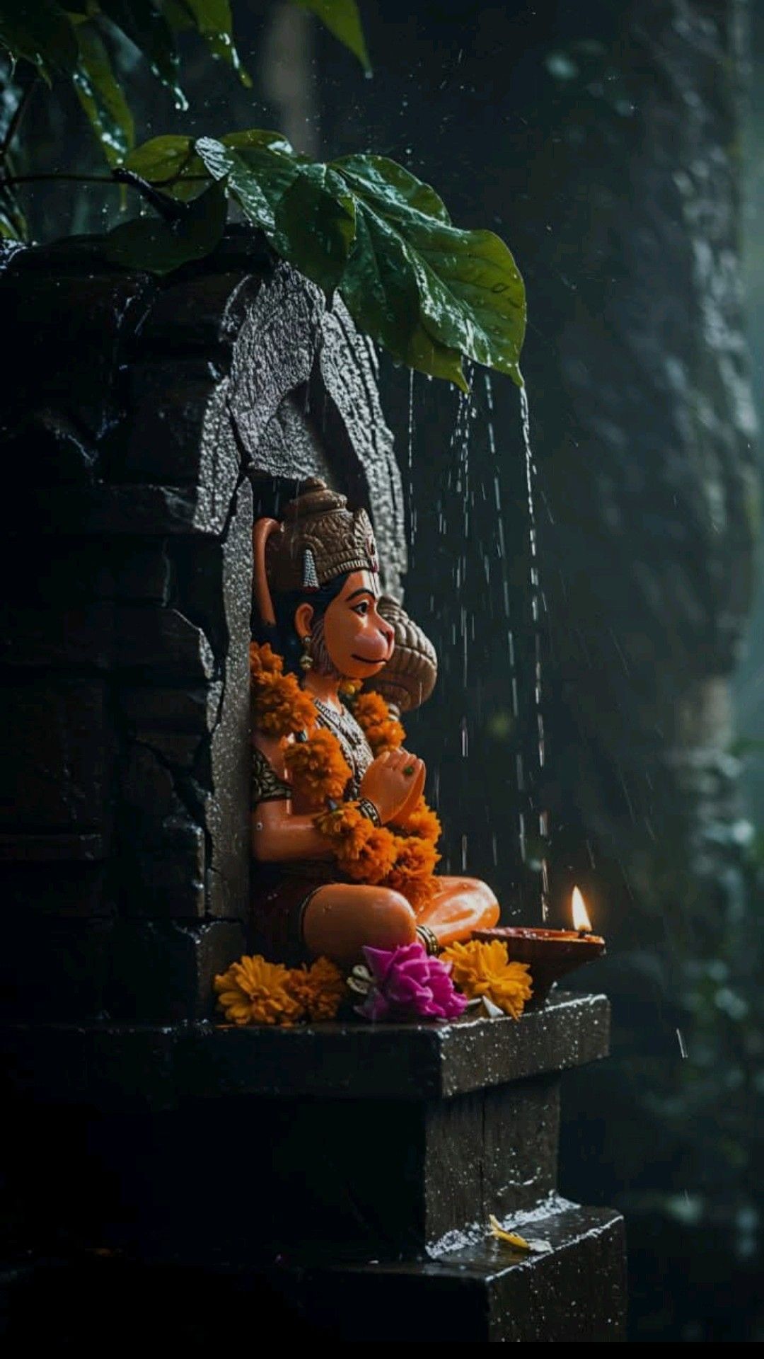 Hanuman statue in rain, devotional image