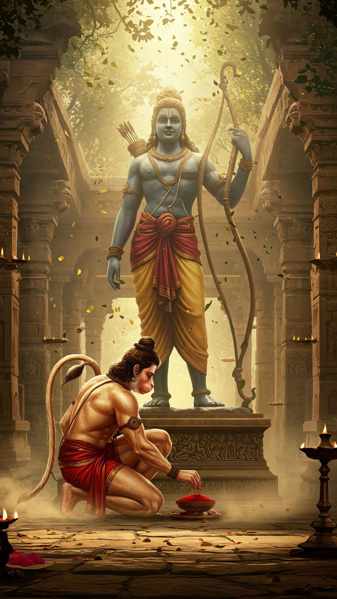 Hanuman prays to Lord Rama in temple.