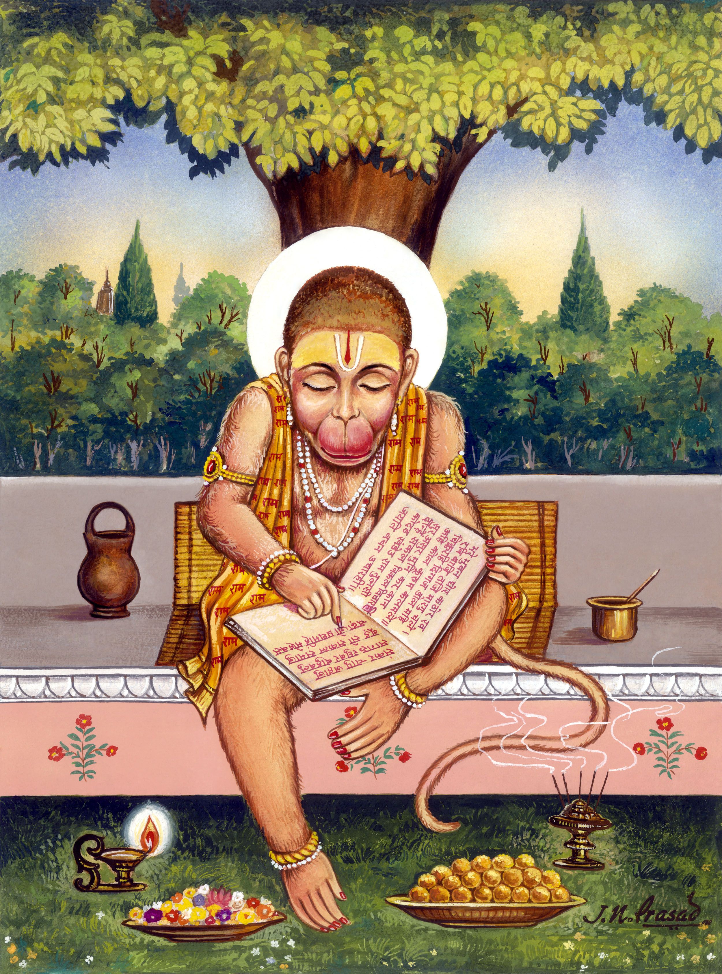 Hanuman reading sacred texts peacefully