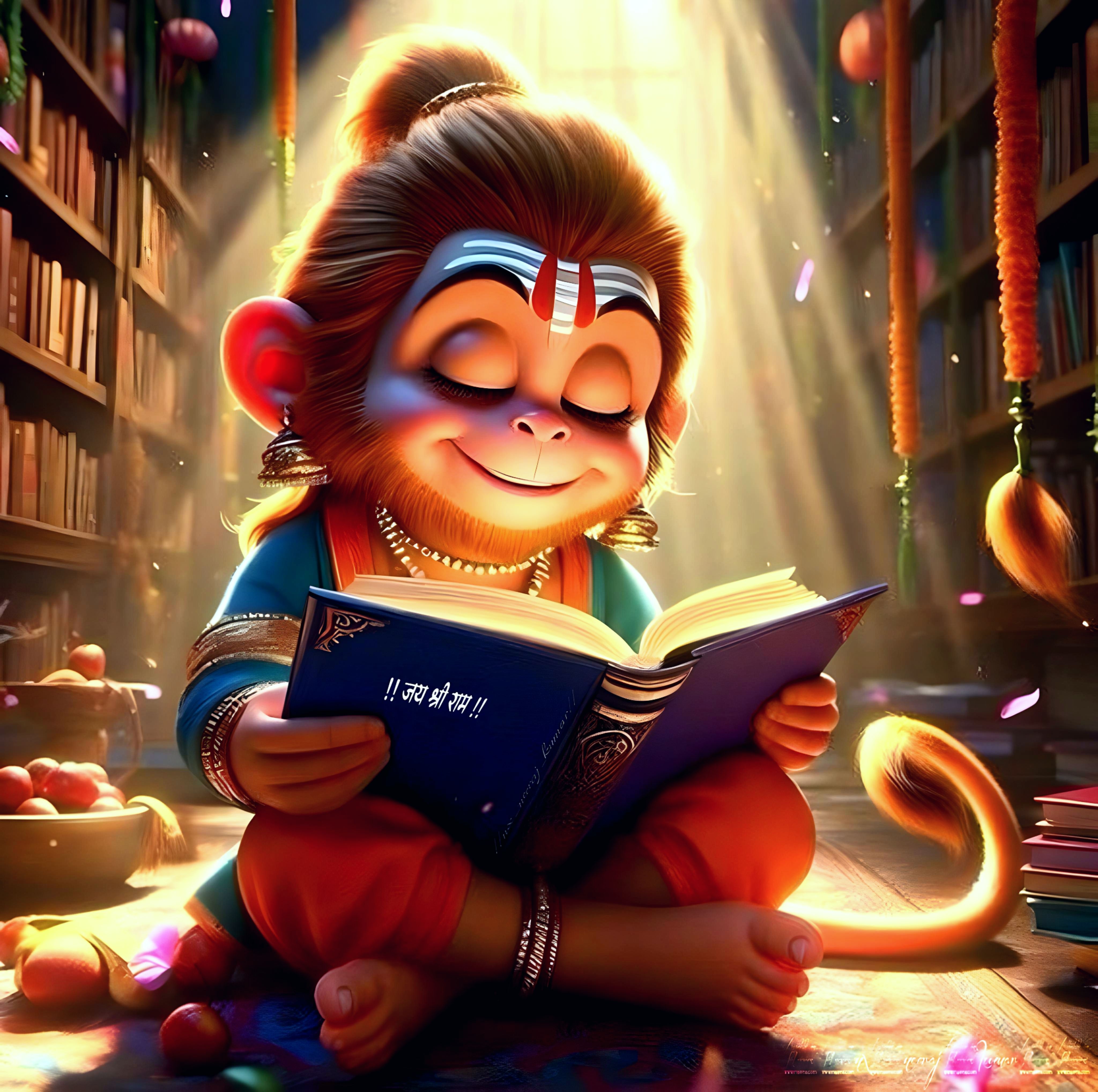 Young Hanuman reading a holy book