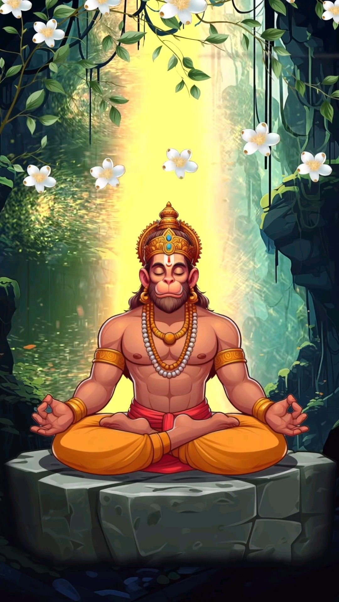 Hanuman meditating in a peaceful forest.