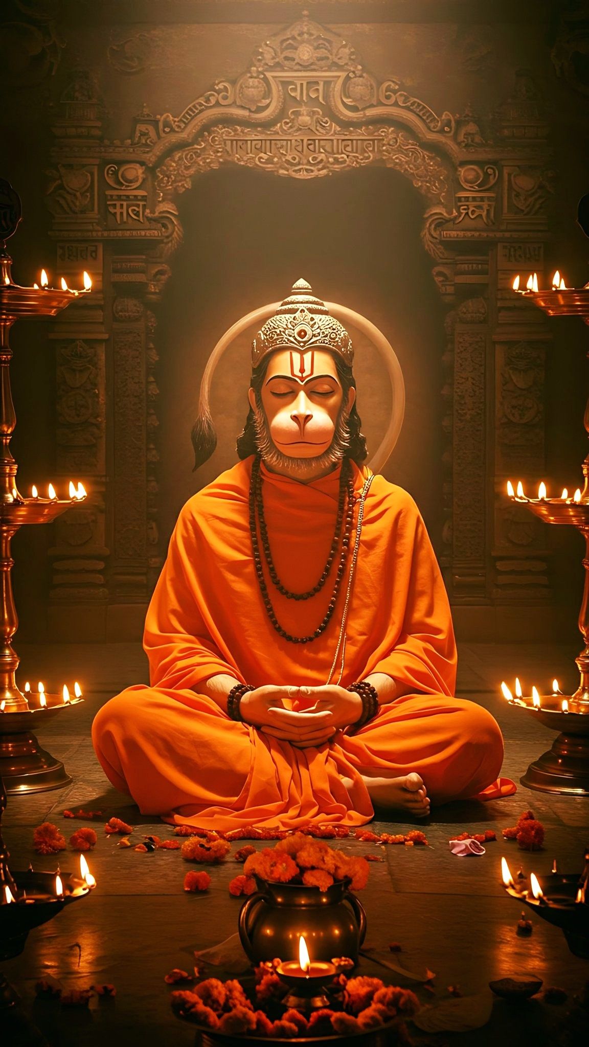 Meditating Hanuman with temple and diyas