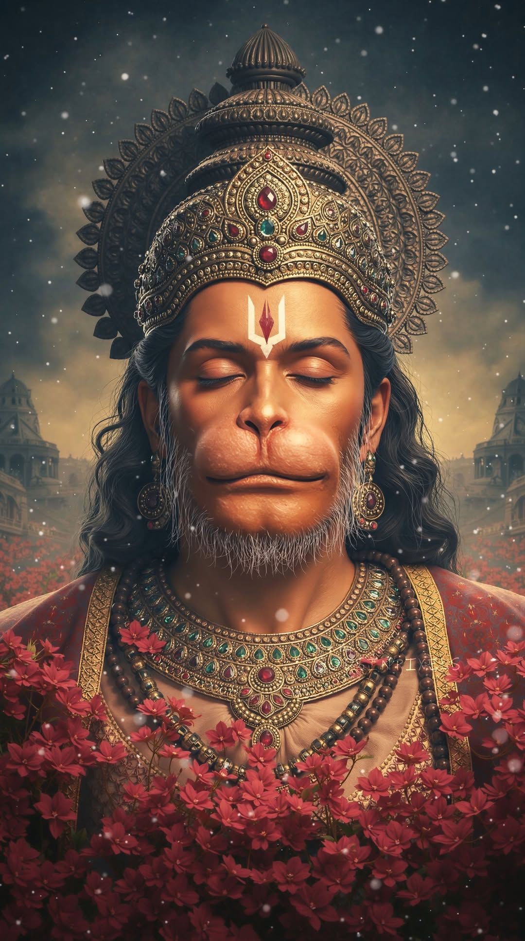 Peaceful Hanuman portrait with floral decor.