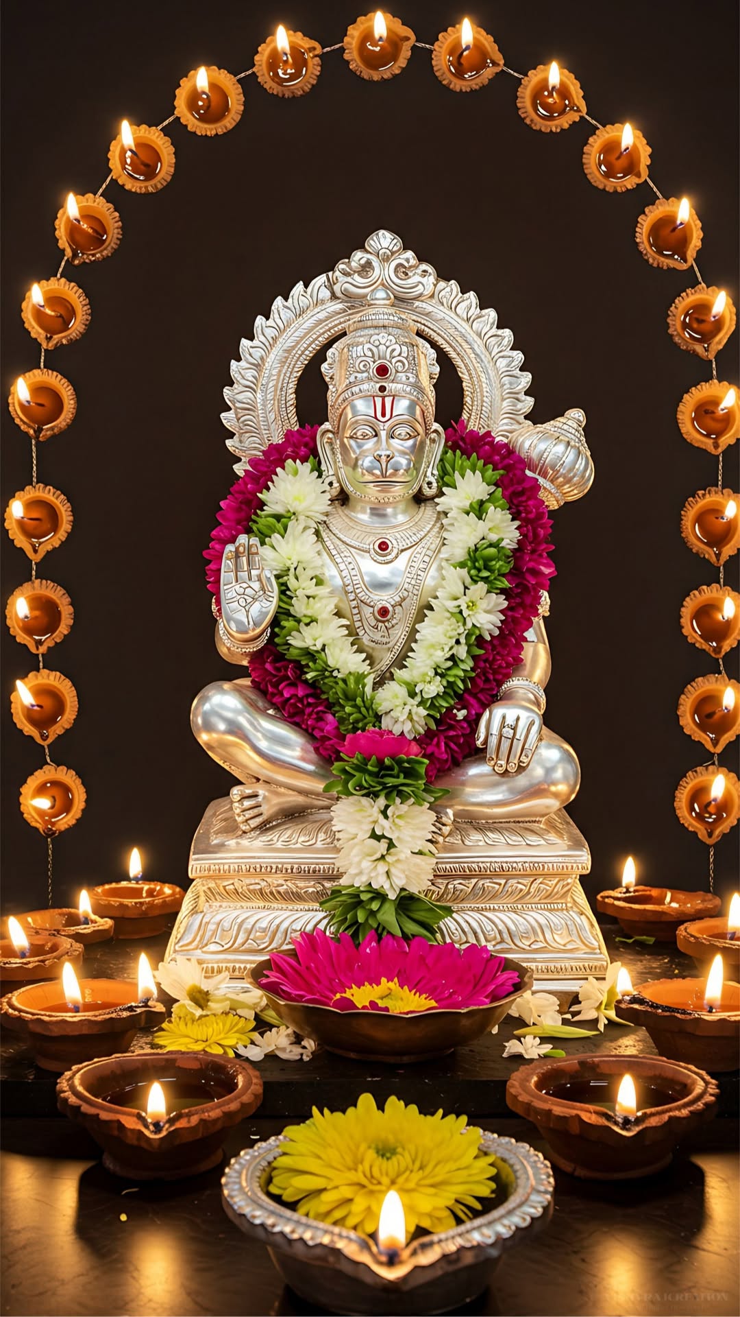 Silver Hanuman idol with floral decorations
