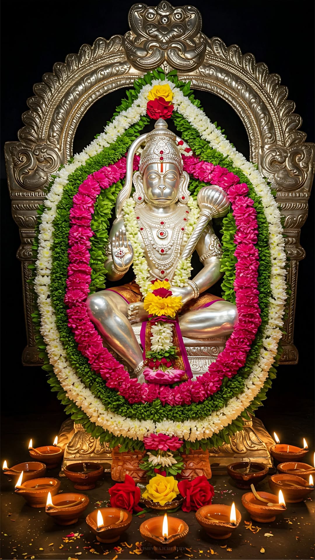 Hanuman seated in silver frame, diyas