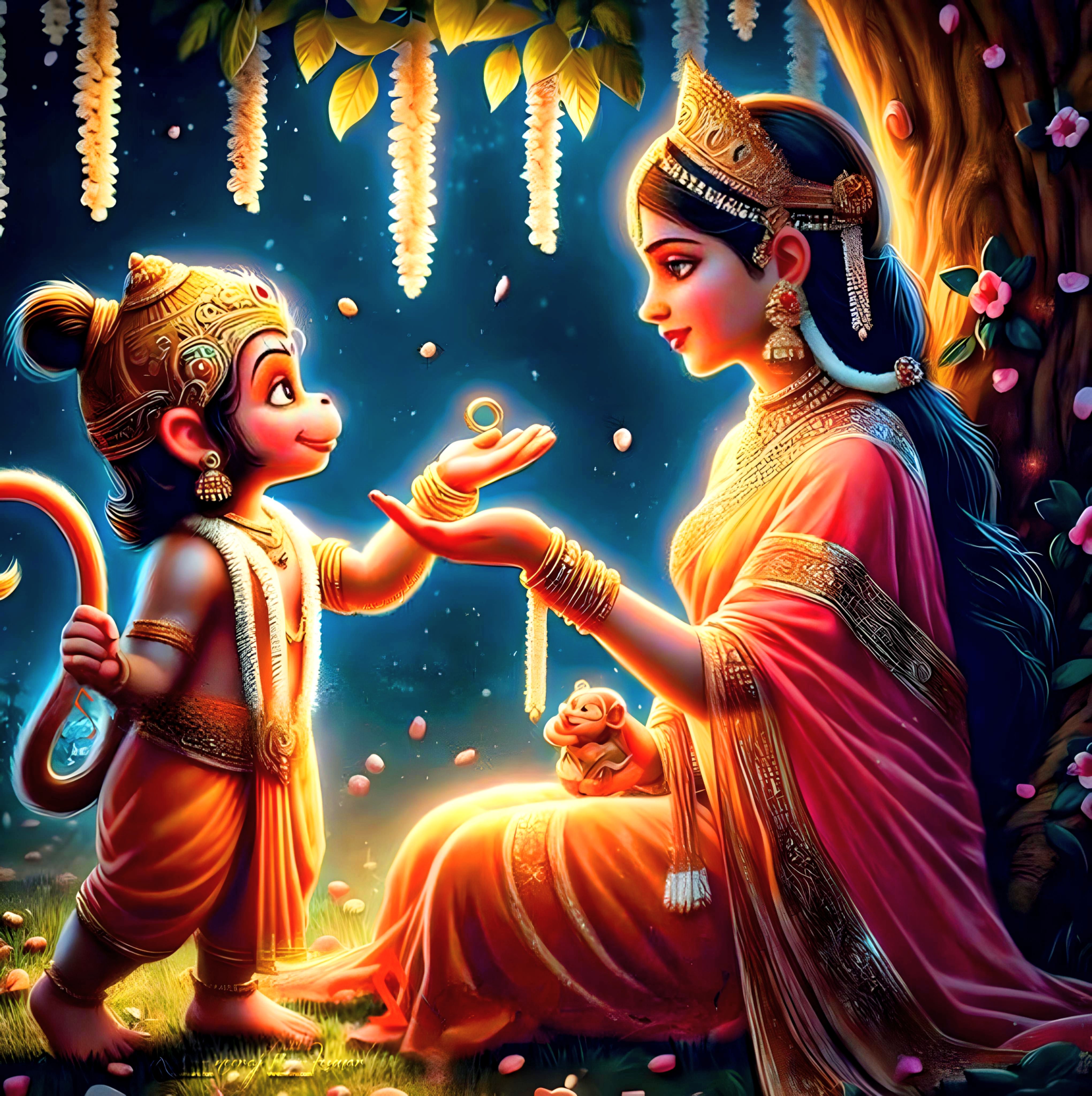 Hanuman receives offering from Sita Mata.
