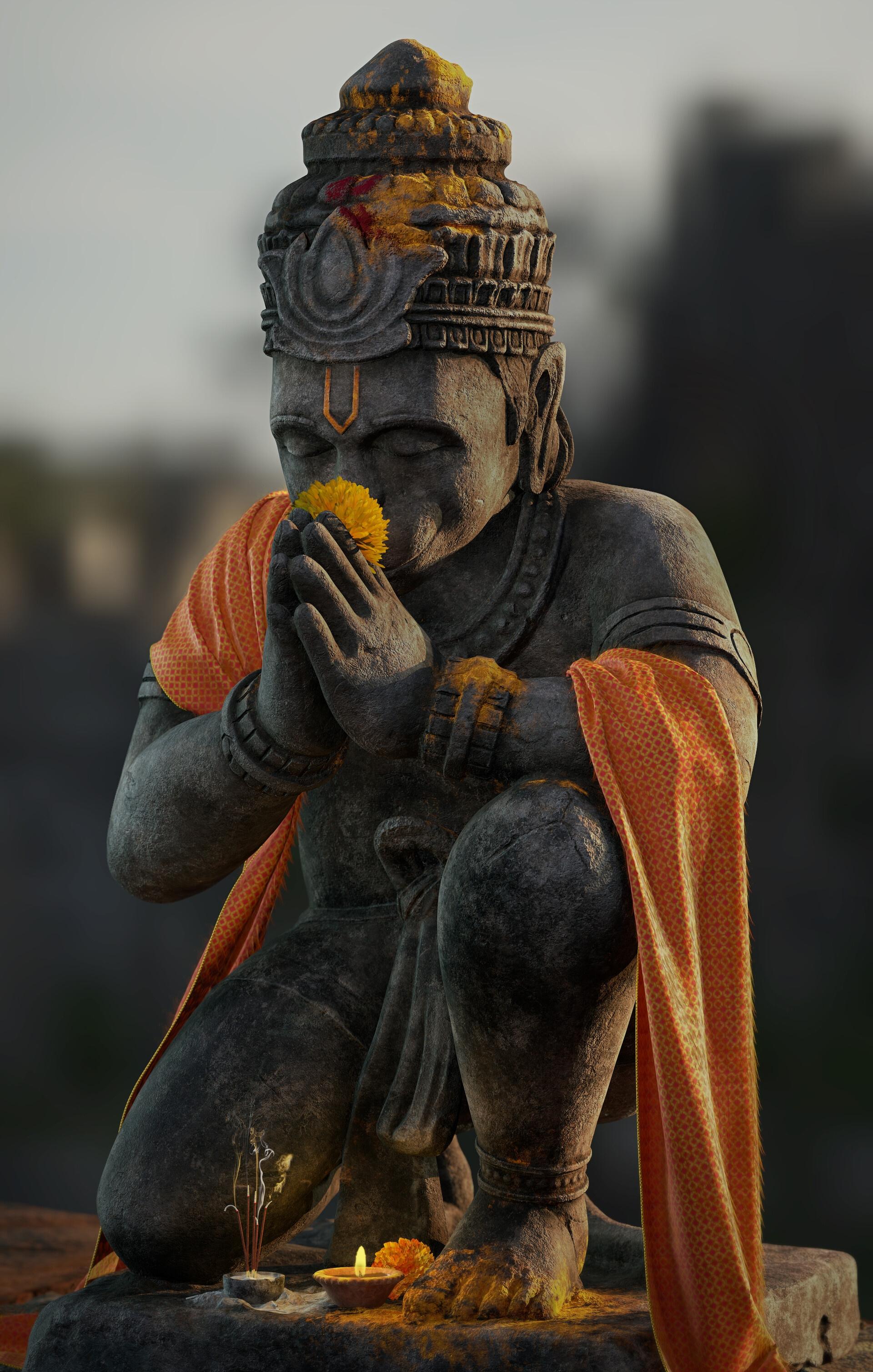 Hanuman statue offering flower in prayer