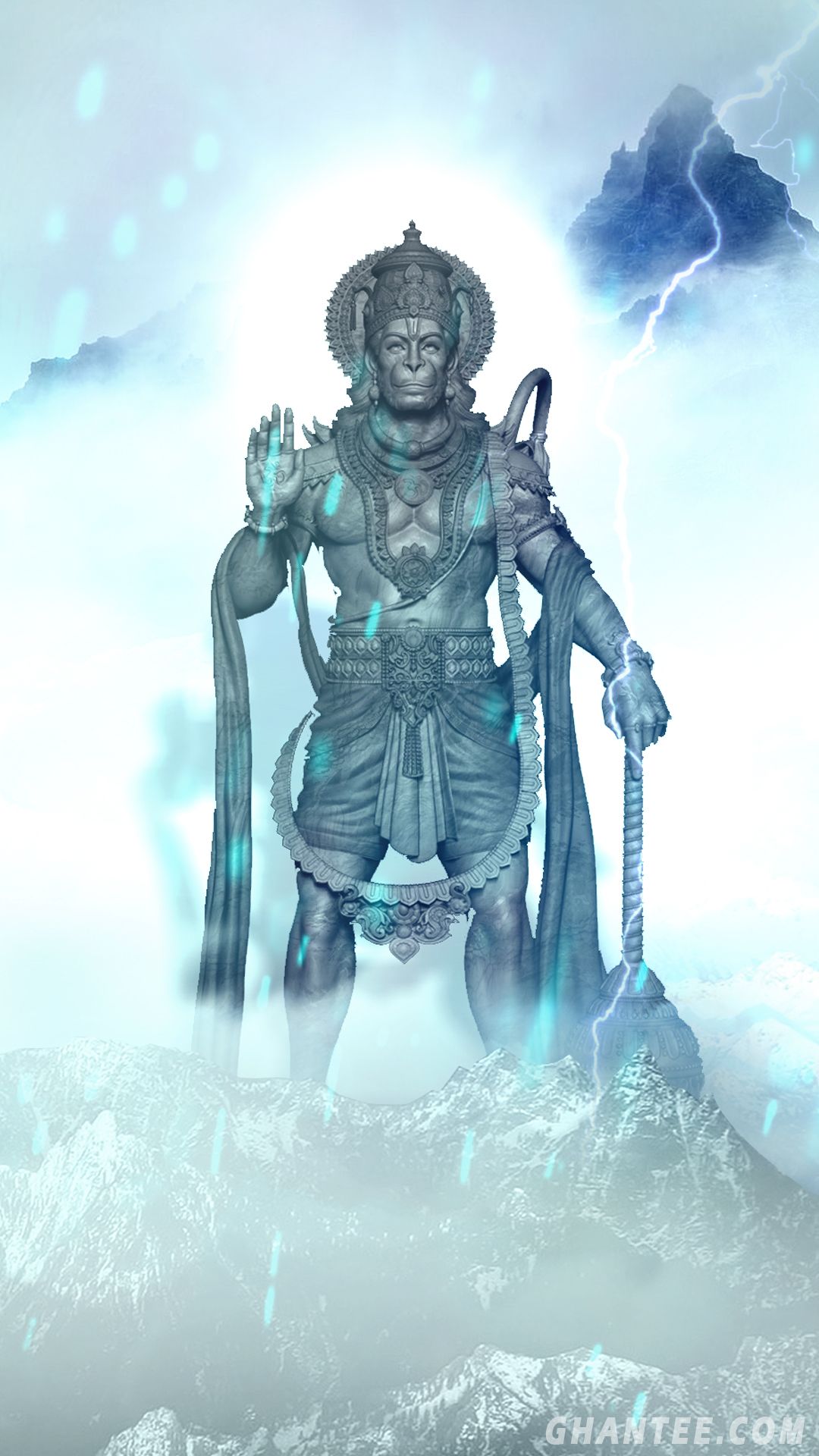 Hanuman amidst storm and mountains