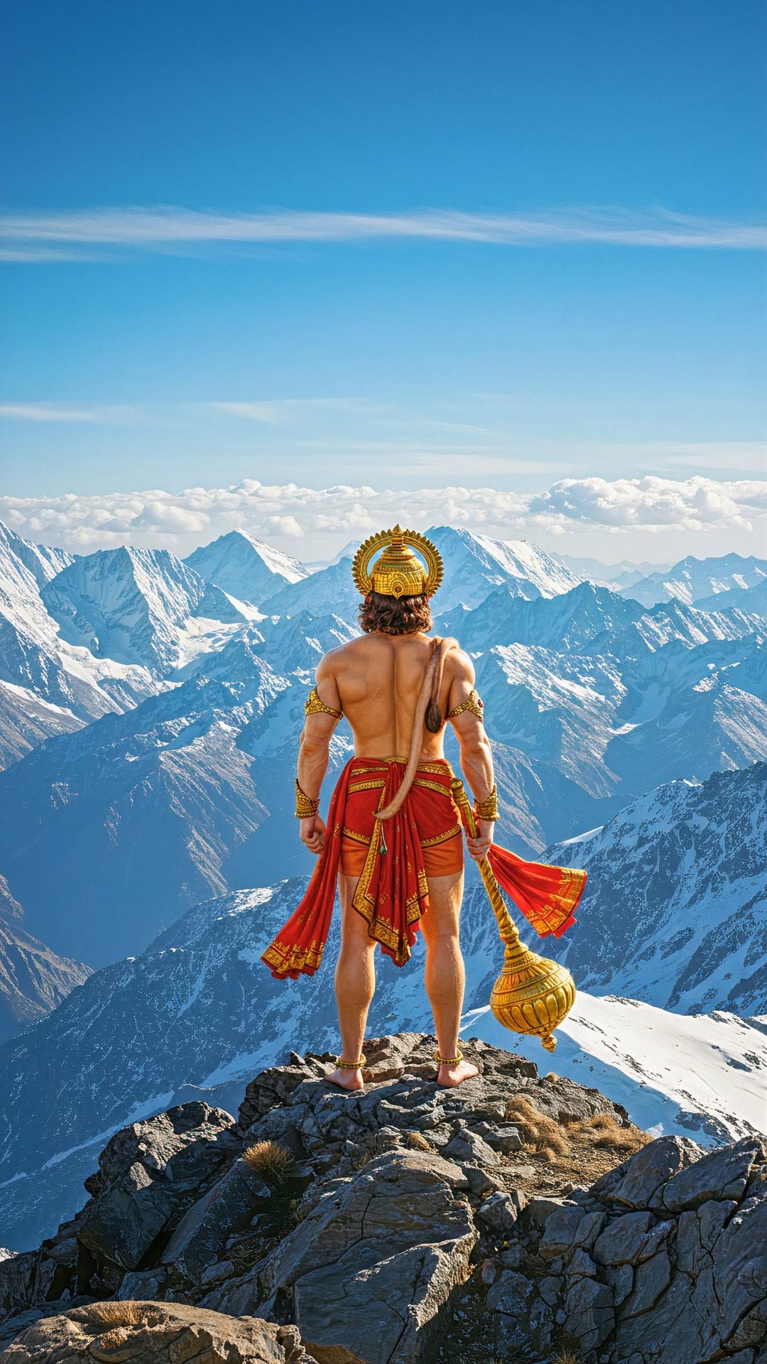 Hanuman overlooking a snowy mountain range