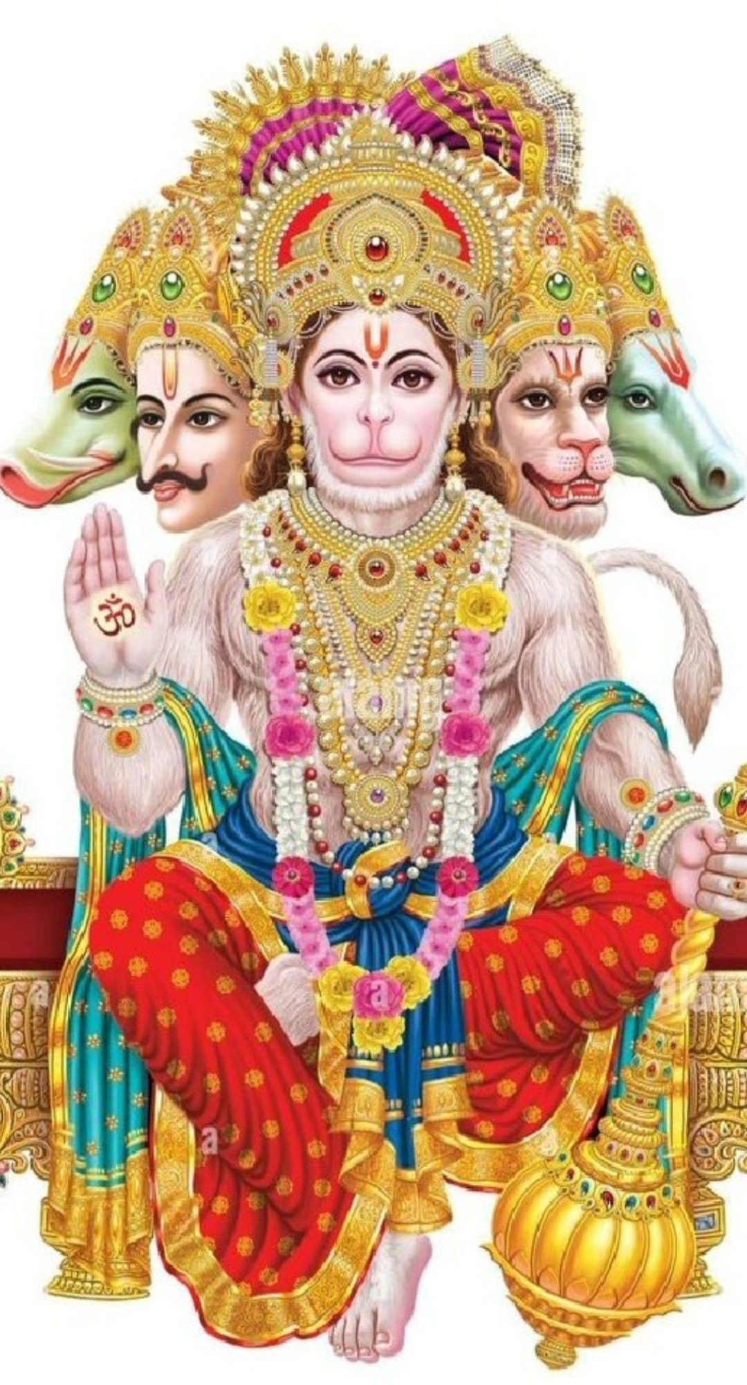 Three-faced Hanuman, radiating divine energy.