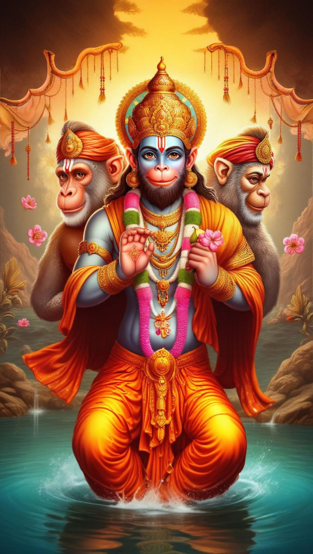 Hanuman surrounded by devoted vanara.