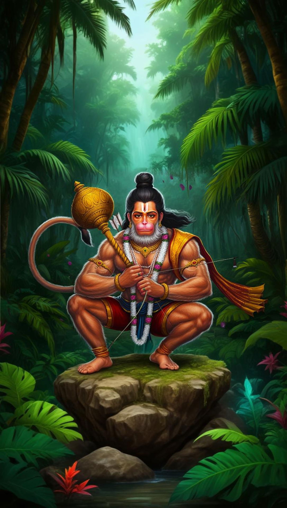 Hanuman in lush forest, wielding Gada.