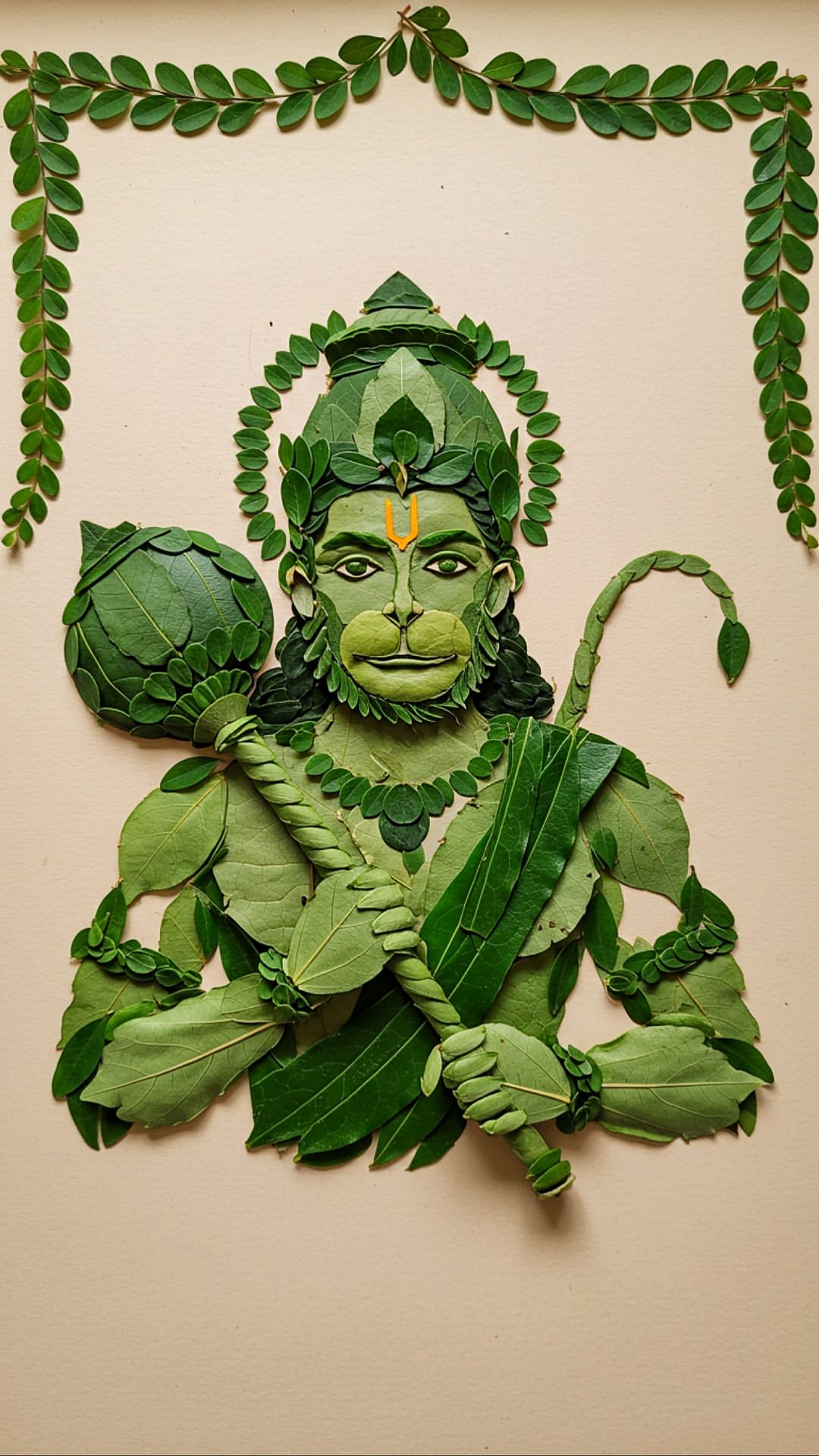 Hanuman portrait created with green leaves