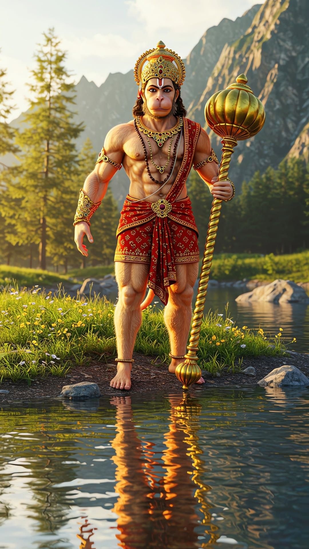 Hanuman standing in a lush forest.