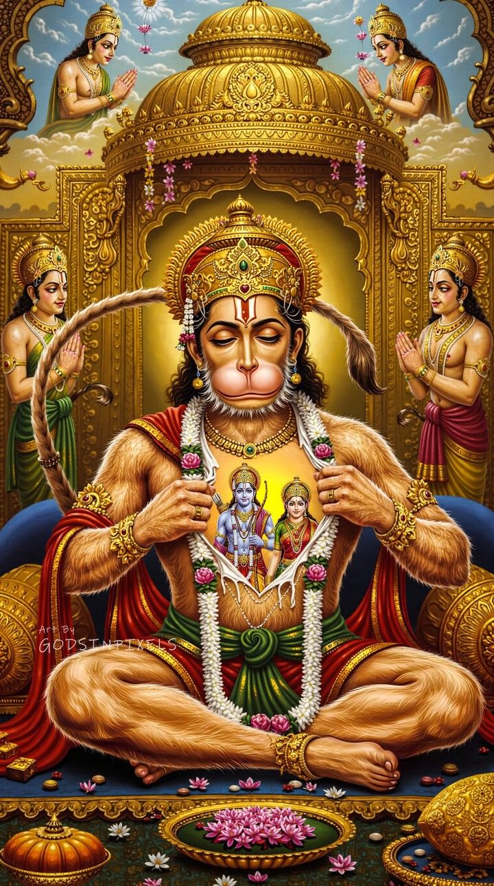 Hanuman holds image of Ram Sita Lakshman