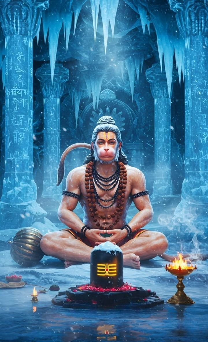 Hanuman meditating in snowy mountains.