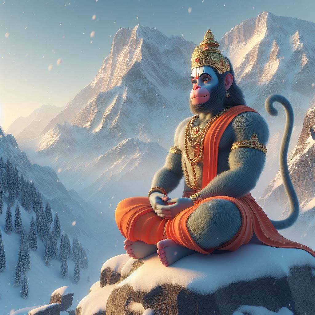 Hanuman meditating in snow-covered mountains