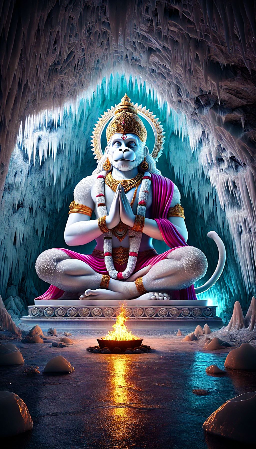 Hanuman meditating in a frozen cave