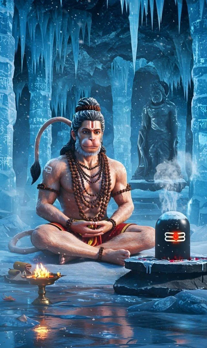 Hanuman meditating in glacial cave