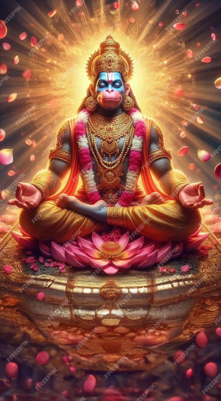 Hanuman meditating on a lotus flower