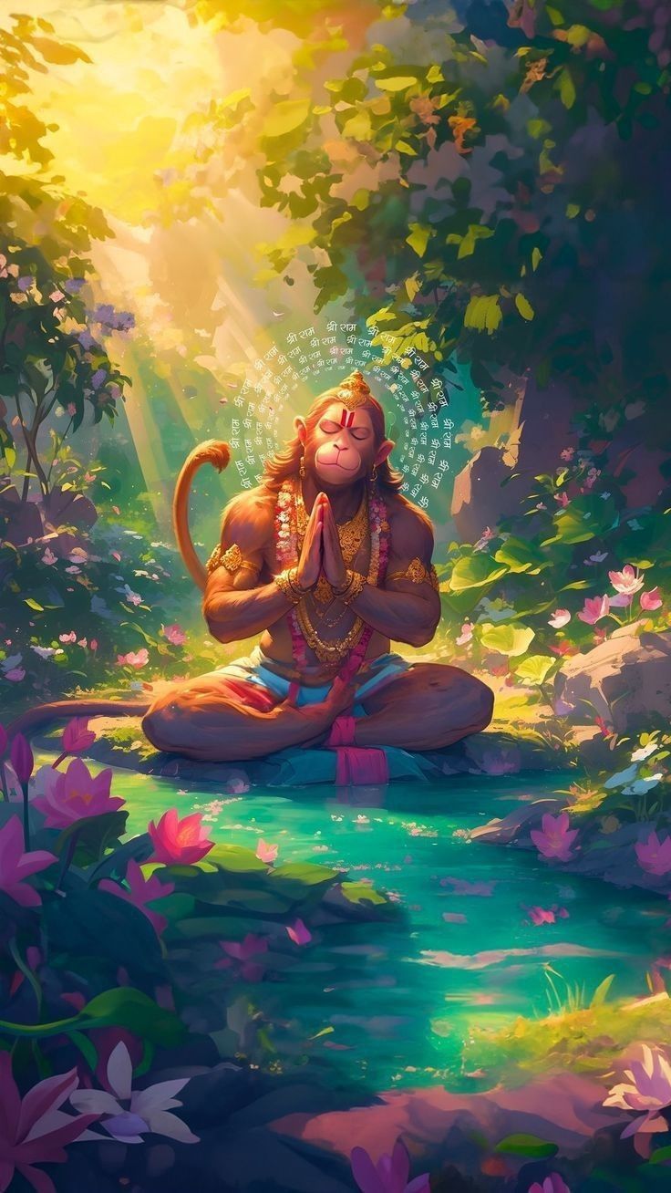 Hanuman praying in a lotus pond.