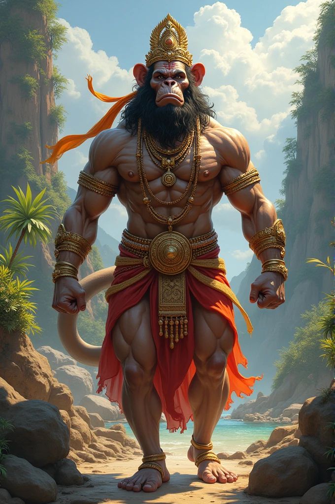 Powerful Hanuman standing on a beach