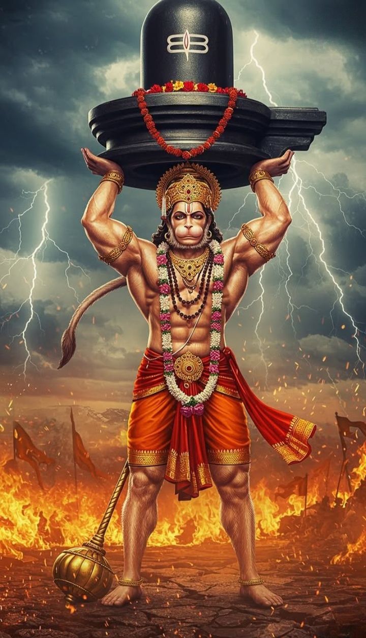 Hanuman carries Shivalinga in a storm.