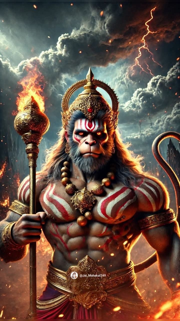 Powerful Hanuman with mace in storm.