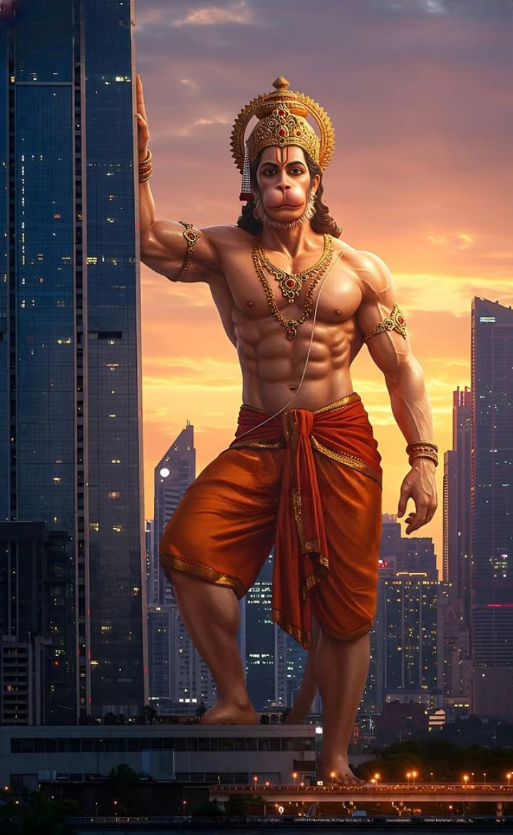 Hanuman stands over a modern city