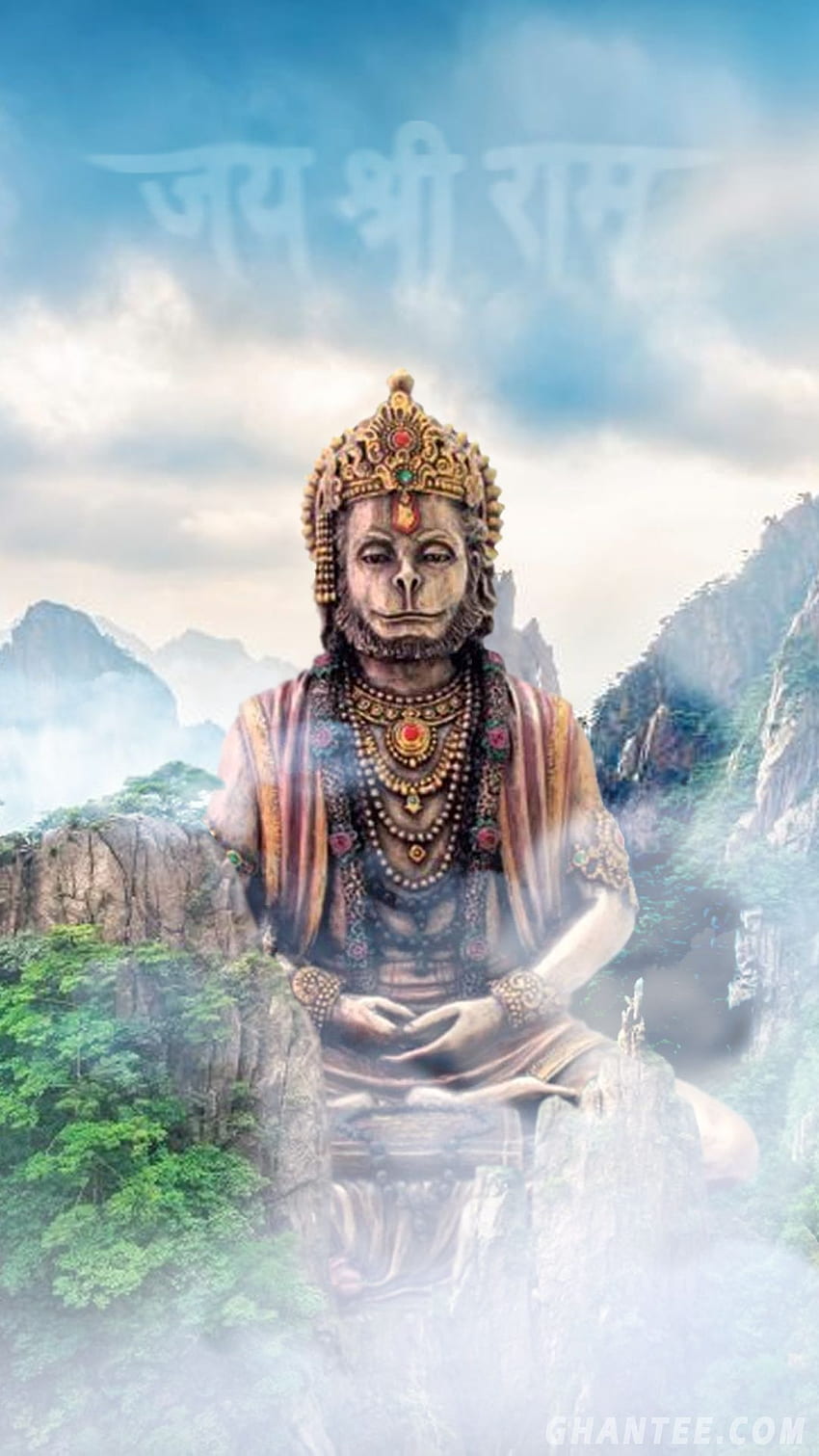 Hanuman meditating amidst mountain peaks