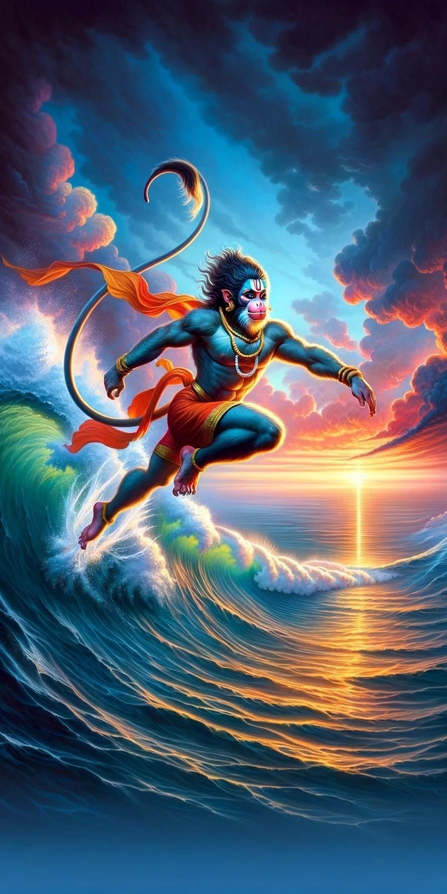 Hanuman leaps across ocean waves