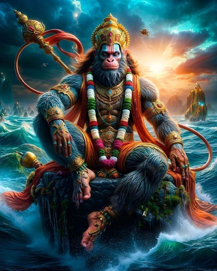 Hanuman seated amidst crashing ocean waves