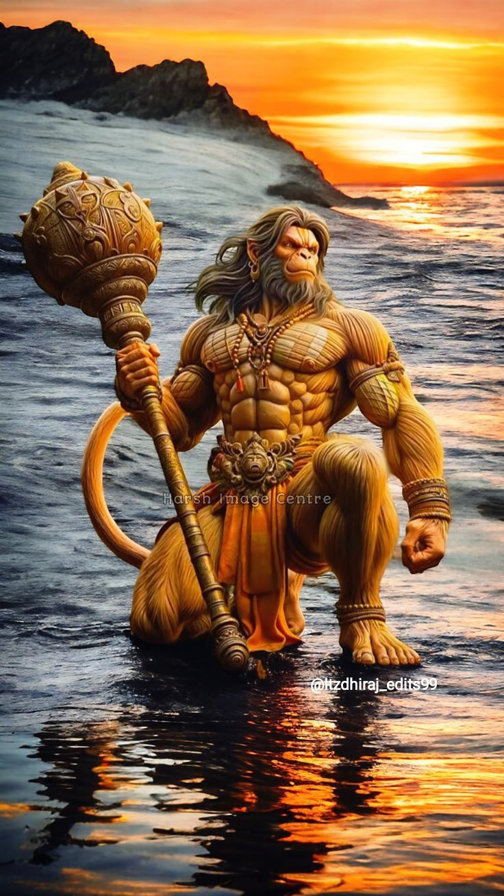 Hanuman emerges from ocean with gada.