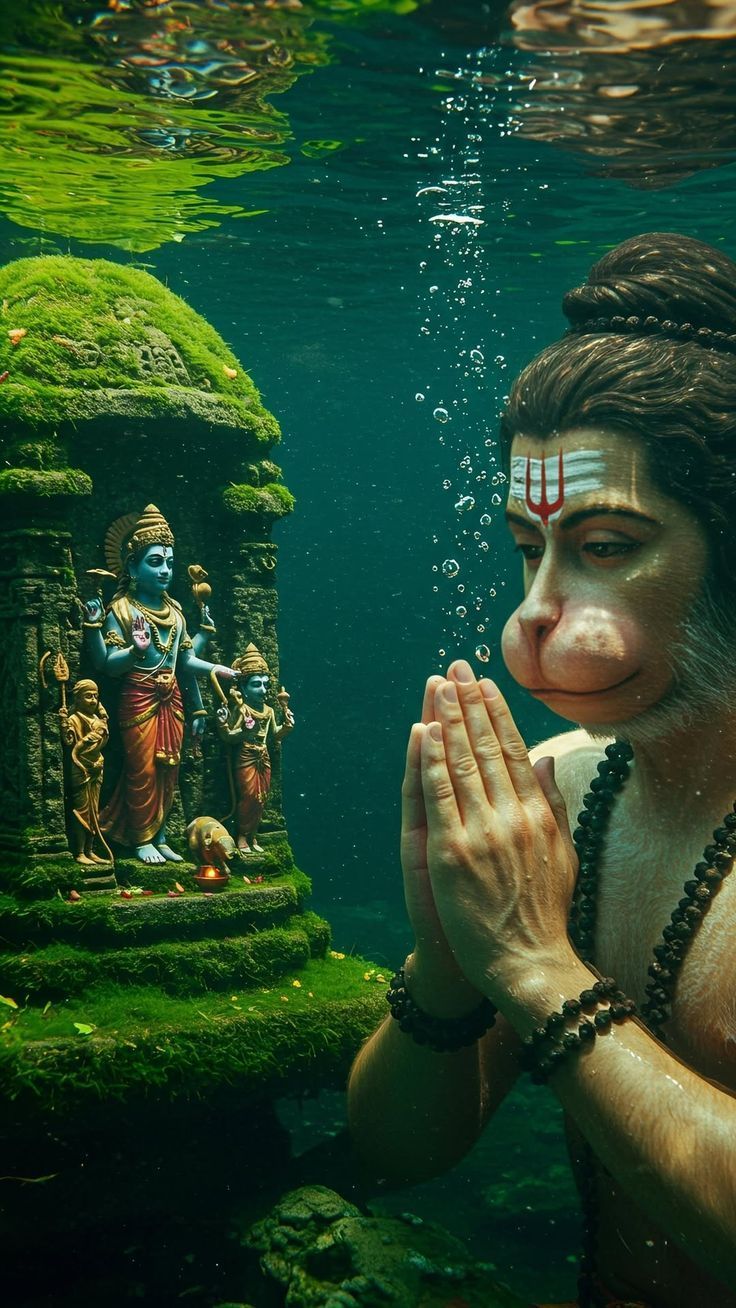 Hanuman prays with Vishnu and Shiva.