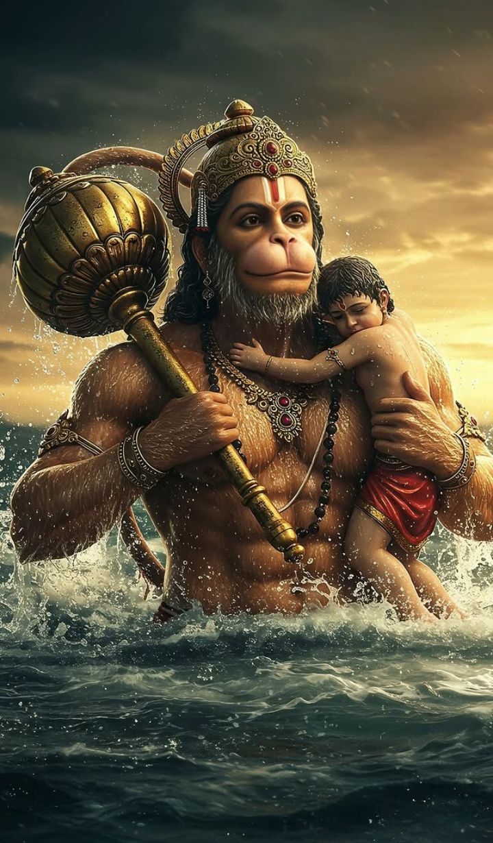 Hanuman cradling a child in ocean