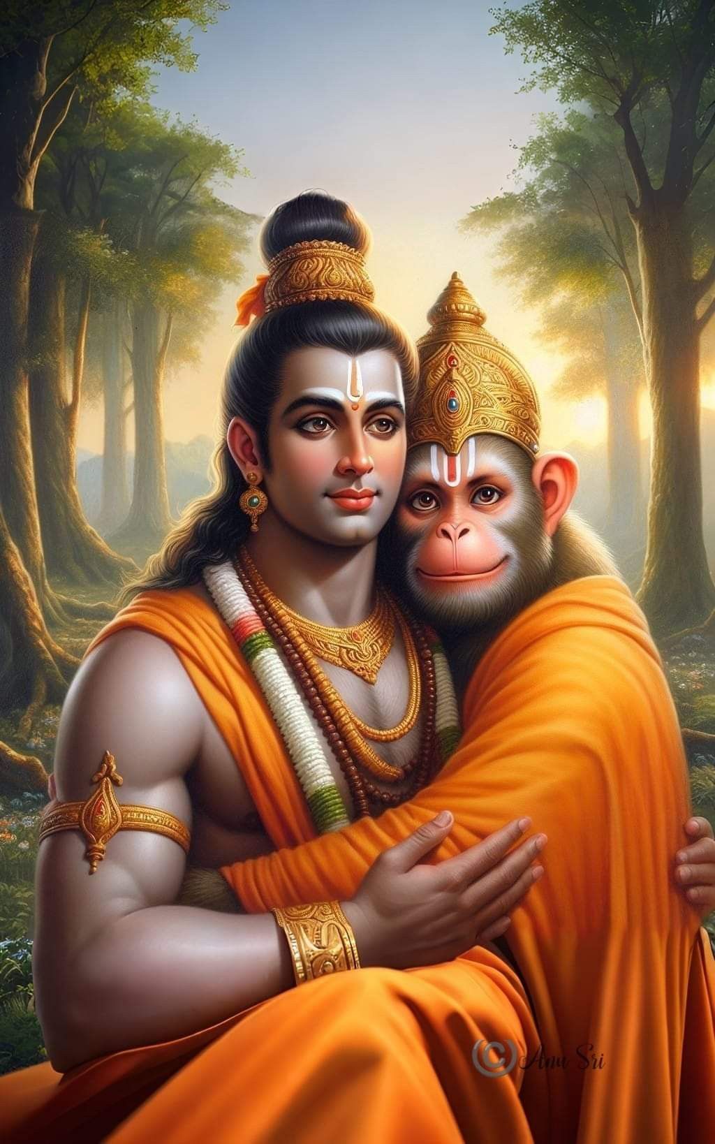 Hanuman embracing a monkey in forest