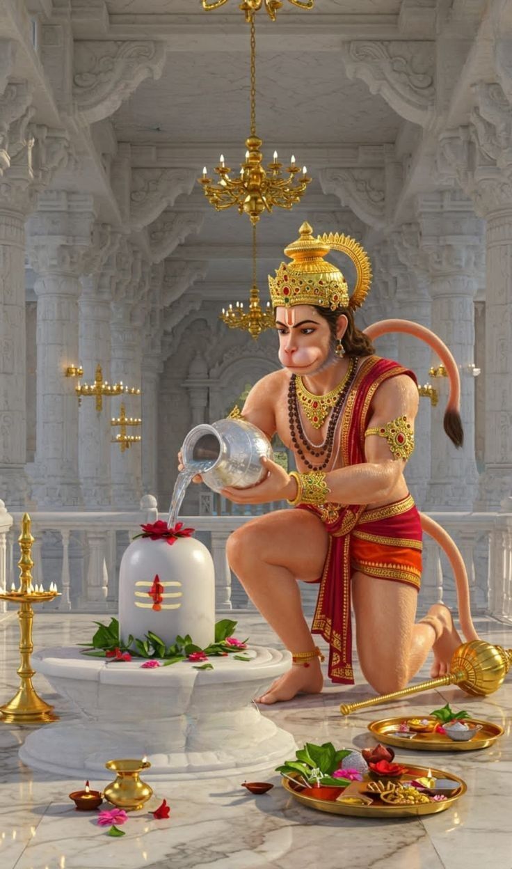 Hanuman performing abhishek to Shiva Lingam