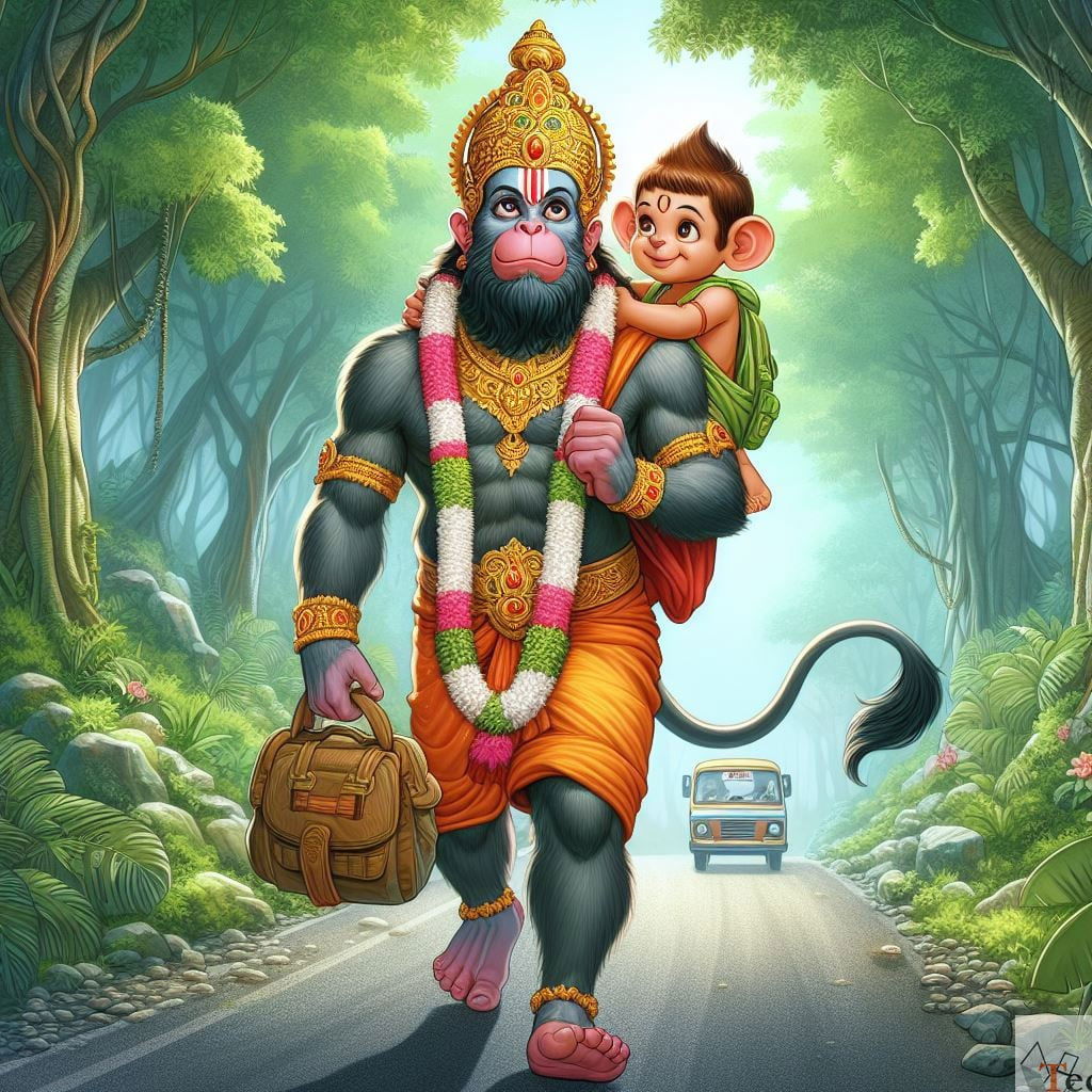 Hanuman carrying a child through forest