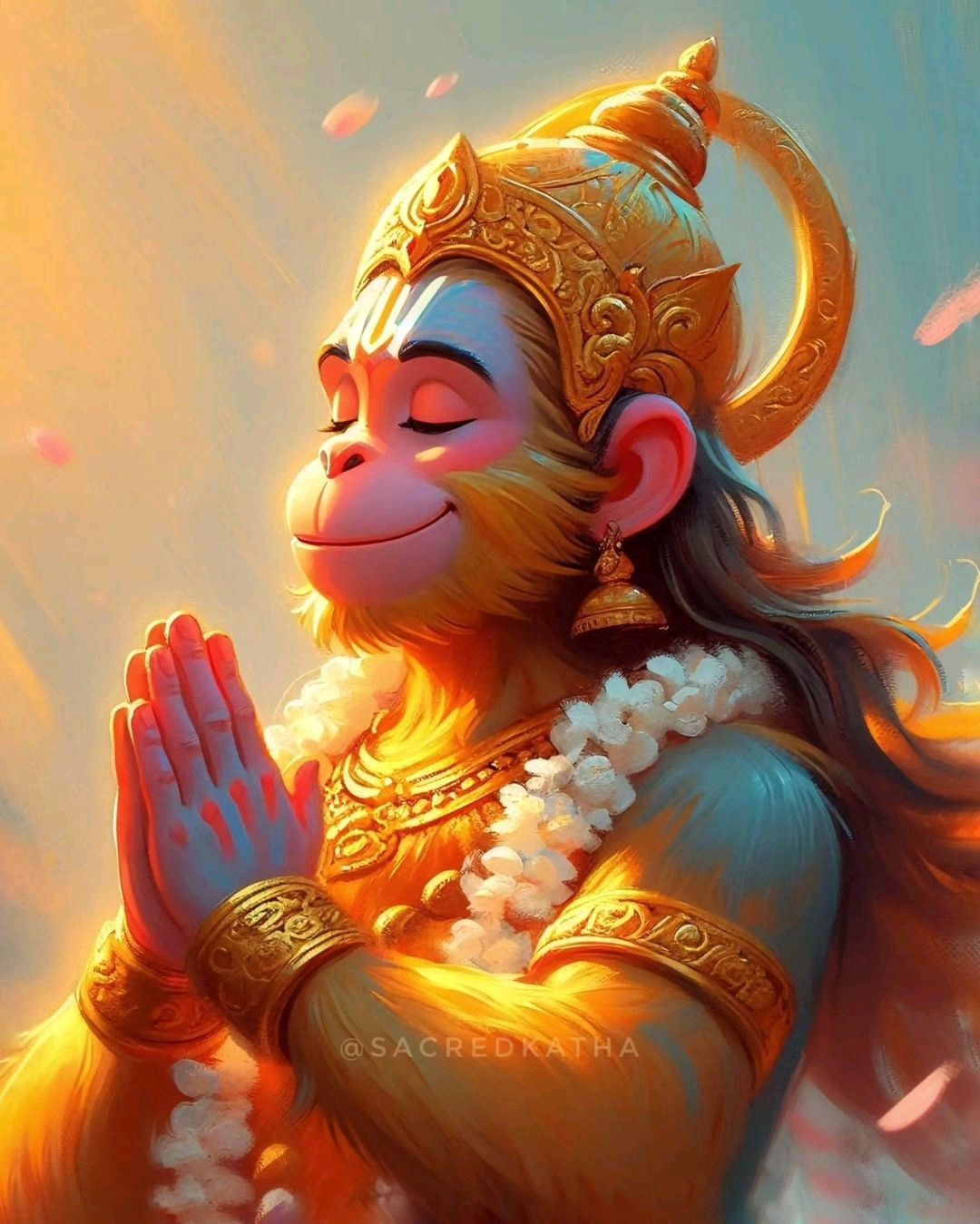 Hanuman in a prayerful, devotional pose.