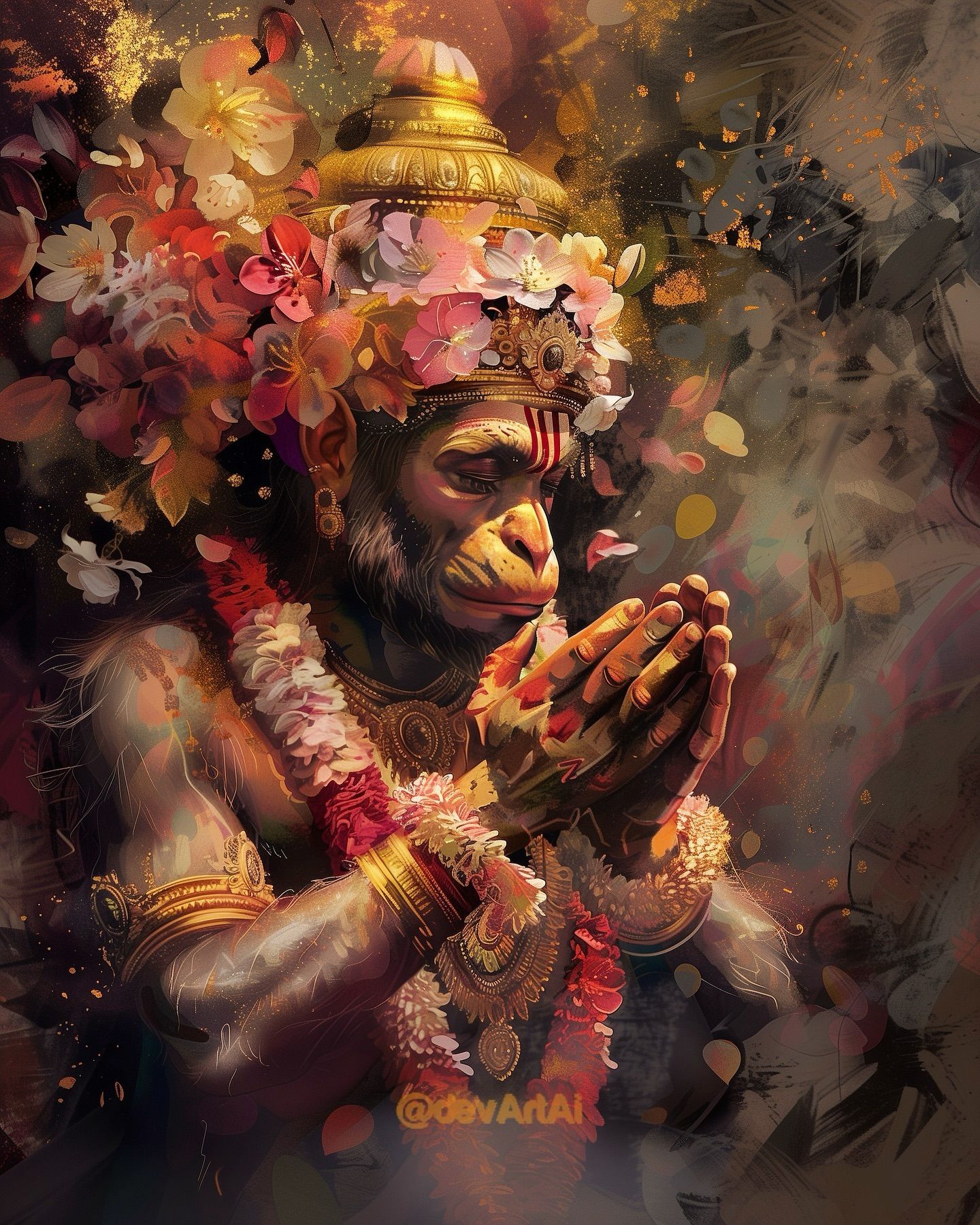 Hanuman in prayer with floral backdrop