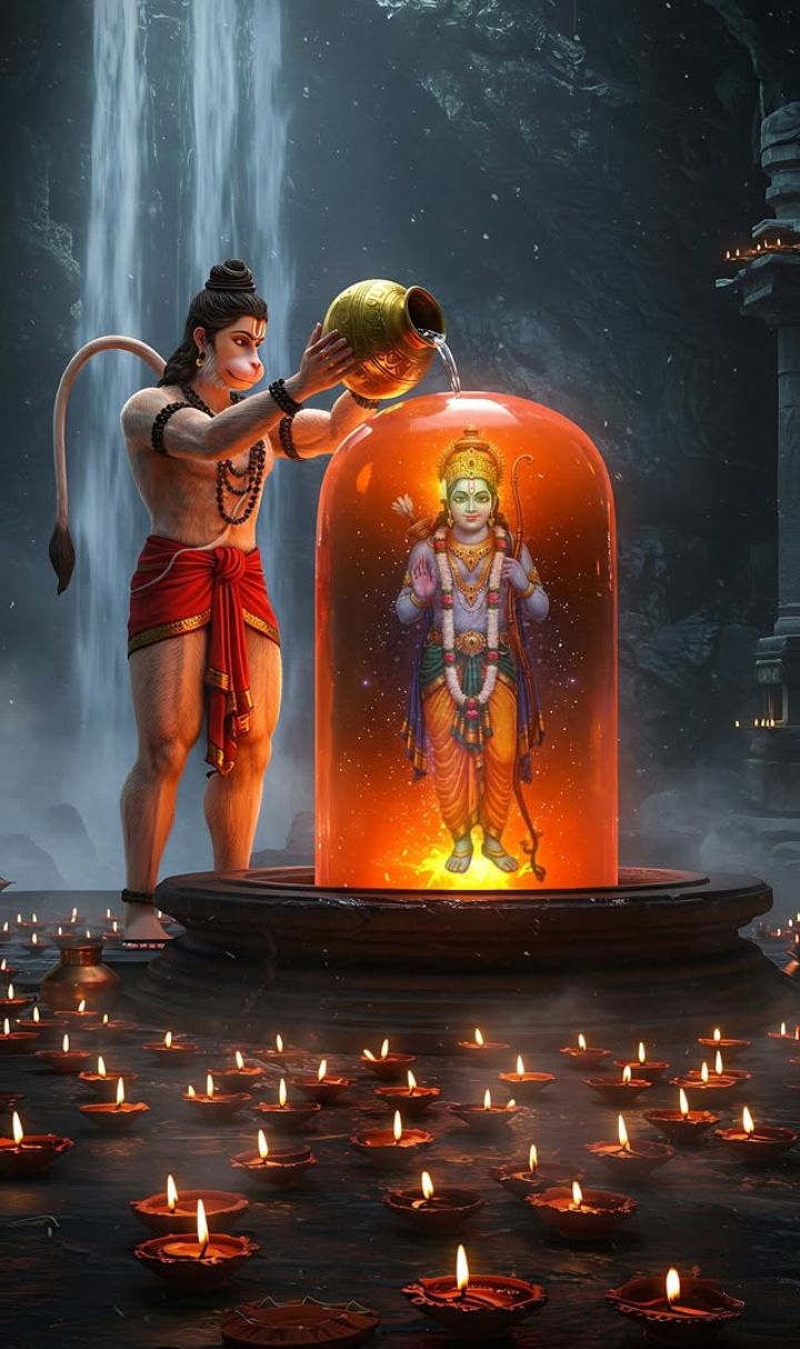 Hanuman offering water to Shiva Lingam