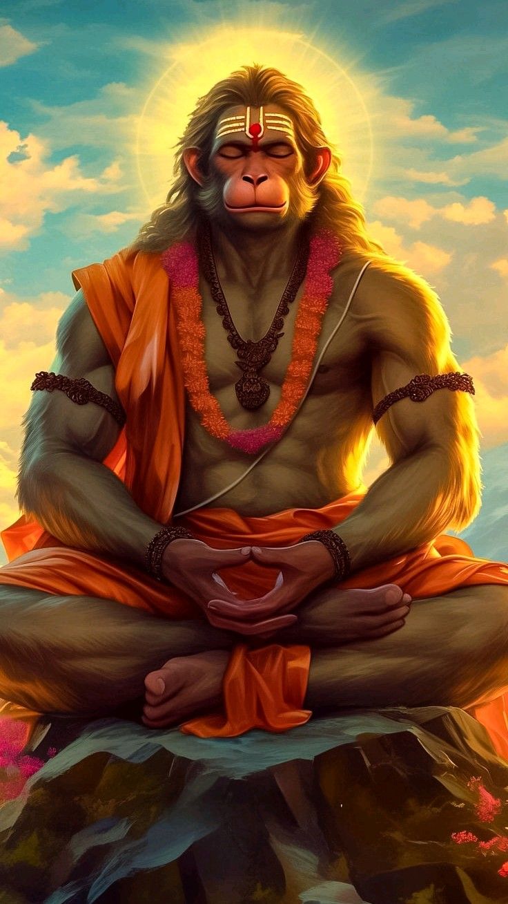 Hanuman meditating in a peaceful setting.