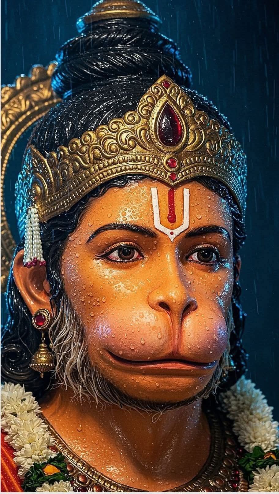 Hanuman\'s radiant face in the rain
